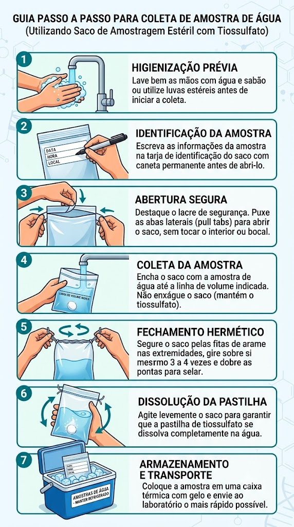 Passo a passo para coleta e amostras de água, utilizando saco de amostragem com tiossulfato de sódio.